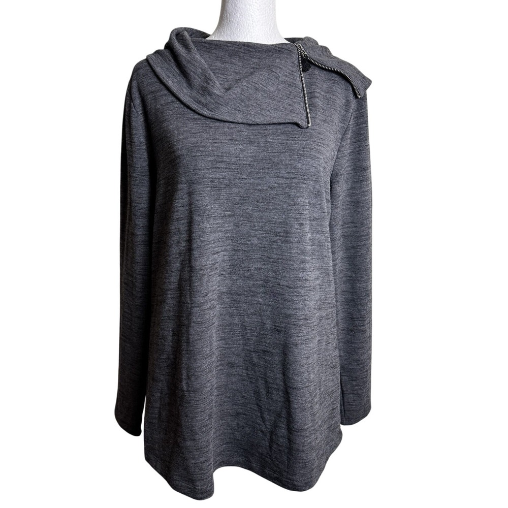 Chicos Weekends Gray Heather Asymmetrical Zip Cowl Neck Pullover Tunic Sweater 1